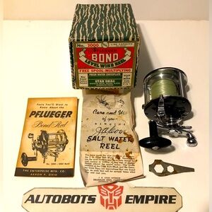 Vintage 1957 PFLUEGER BOND LEVEL WIND 2000 Fishing Reel USA BAKELITE METAL Rod 1